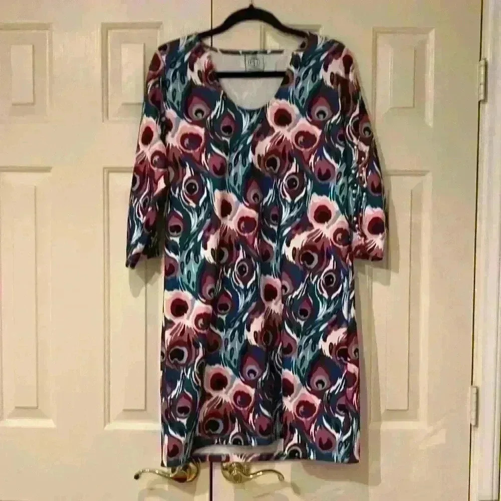 Tracy Negoshian Eva Dress Watercolor Peacock V-Neck 3/4 Sleeve TN055 Large NWT